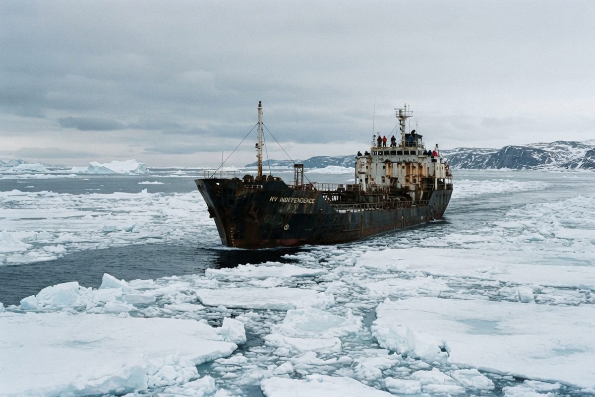A heavily rusted, dilapidated oil tanker sailing precariously through broken Arctic sea ice, while a superimposed bright neon green line graph sharply trends.