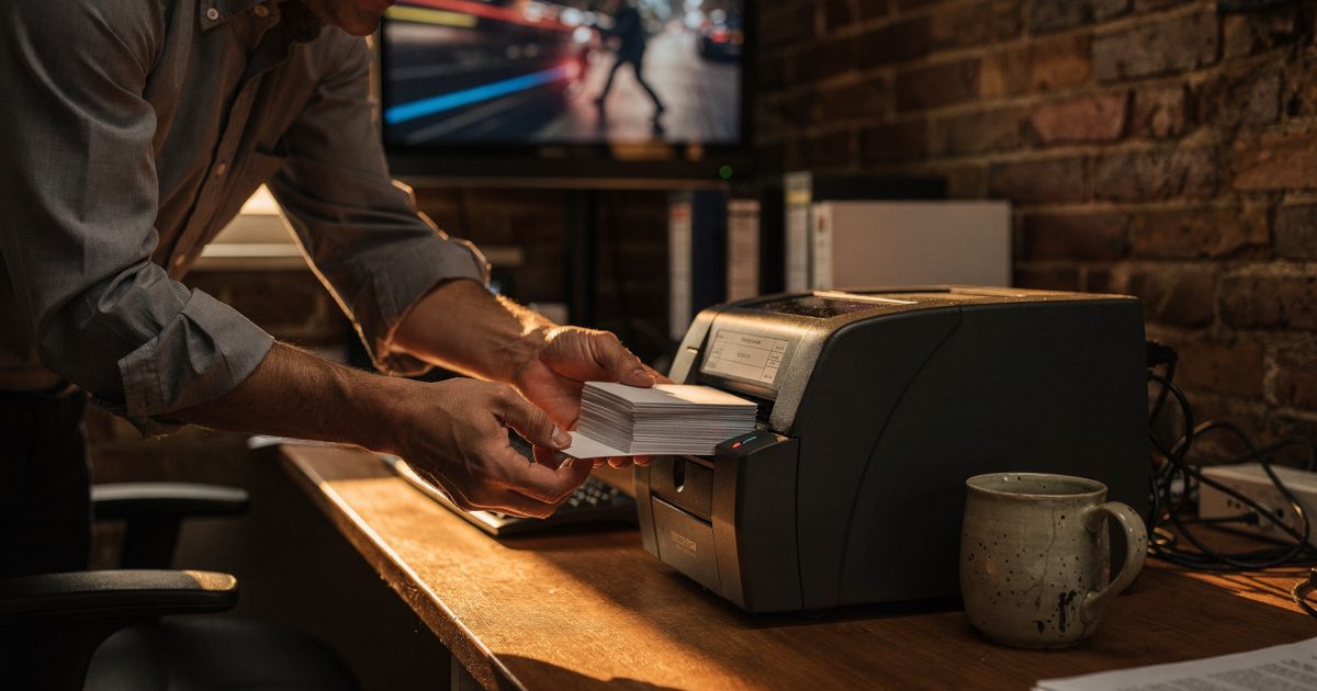 Warm late-day sun cuts across a brick mews office as a person cropped above the eyebrows, in a rumpled shirt, feeds blank cards into a desktop printer, while a.