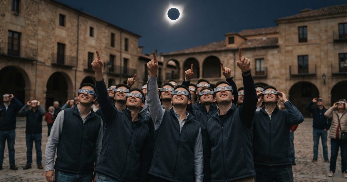 A crowd of young men in matching corporate fleece vests standing in a historic cobblestone Spanish plaza during a total solar eclipse, all looking up through.