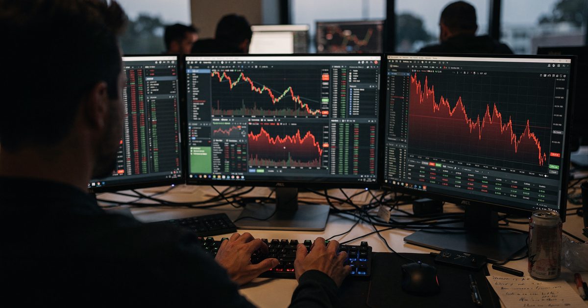Close-up over the shoulder of a trader's hands frozen above a keyboard at dawn, six monitors filled with steep red line charts, a crushed energy drink can.