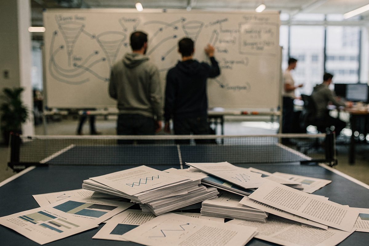 Wide shot of a bright open-plan startup office at midday, two part-cropped figures in hoodies pointing at a whiteboard covered in arrows and funnel diagrams, a.