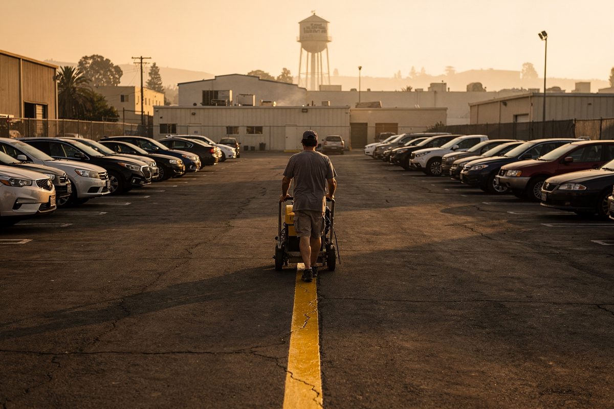 Wide shot in low warm early-morning sun across a sprawling Burbank studio parking lot, a lone line-marking machine trailing a fresh yellow stripe straight down.