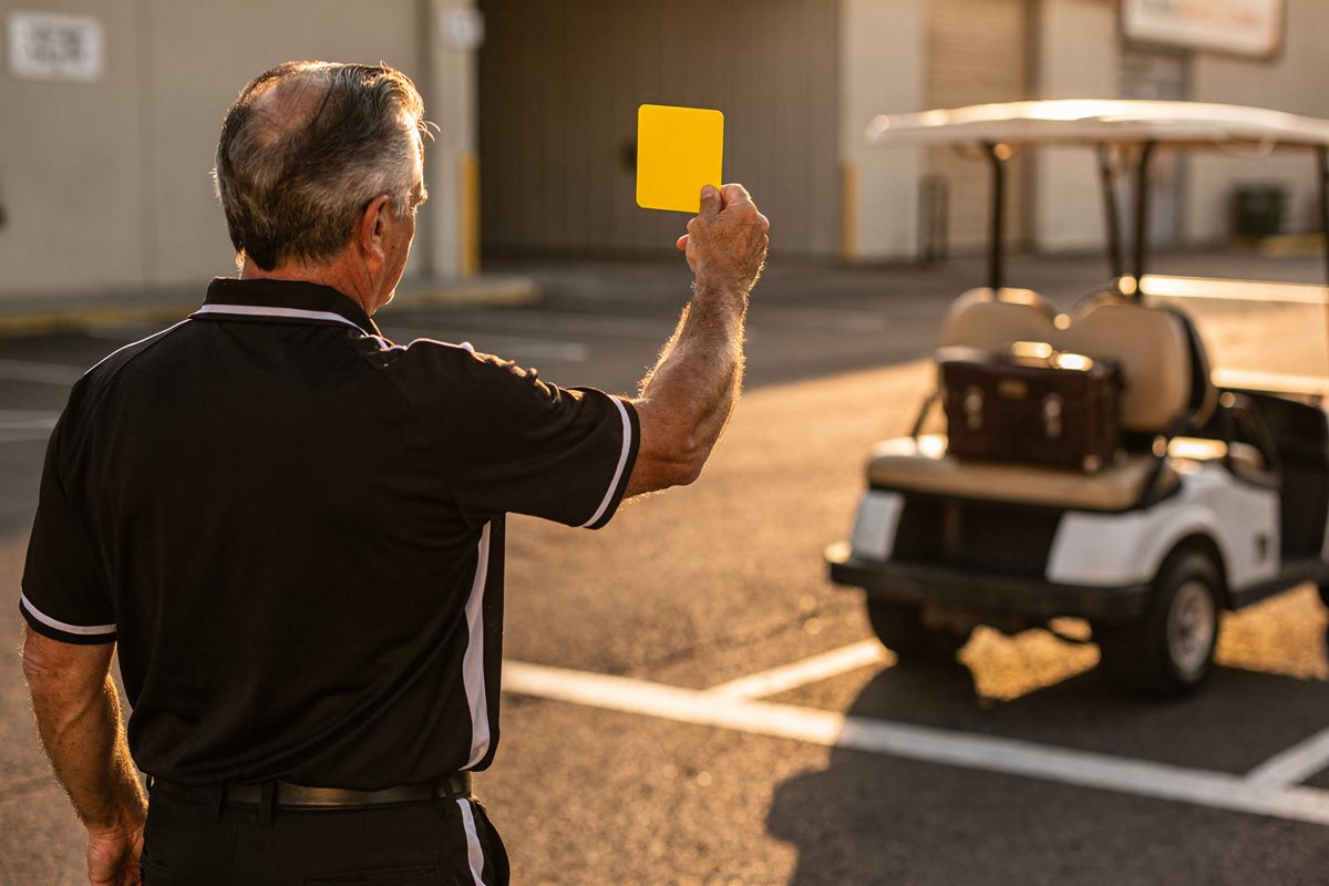Mid-shot at golden hour on a studio backlot street, a grey-haired man in a black referee's uniform photographed from the chest down, one hand raised holding a.