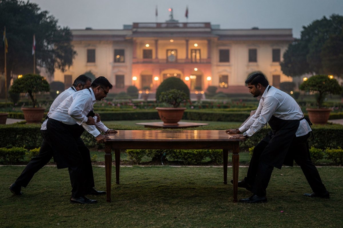 Wide shot at dusk across a manicured embassy lawn, four catering staff seen from the waist down in black aprons pulling a heavy mahogany dining table in.
