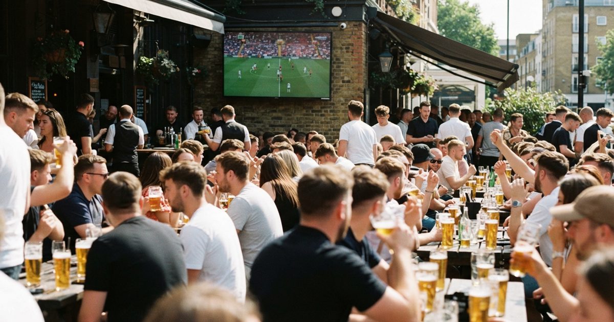 A crowded outdoor pub terrace on a bright summer afternoon, tables packed with drinks and a large television in the background showing a football match, no.