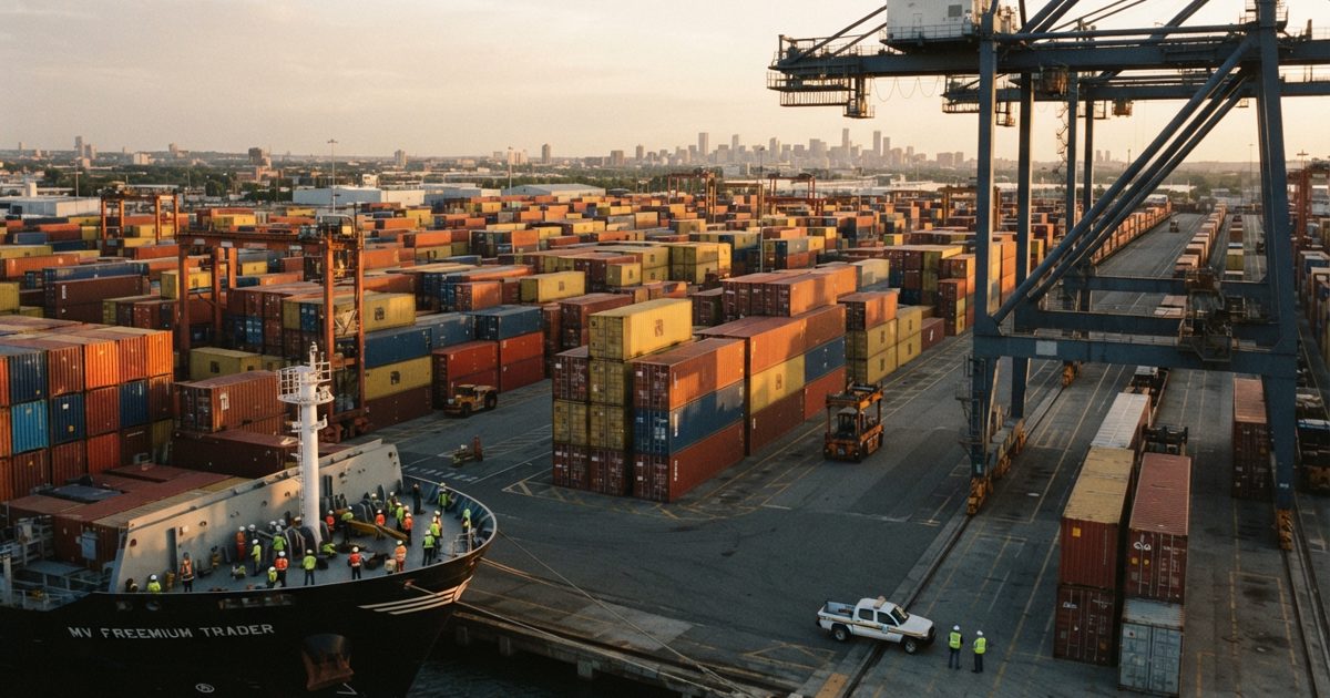 A wide shot of a massive, hyper-modern shipping port with thousands of colorful cargo containers stacked precariously high, illuminated by dramatic golden-hour.