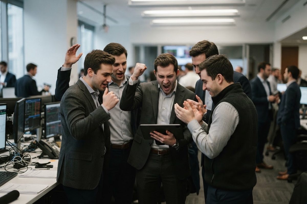 A group of young men in sharp, tailored suits and fleece vests looking intensely at a tablet screen on a bustling trading floor, pumping their fists in.