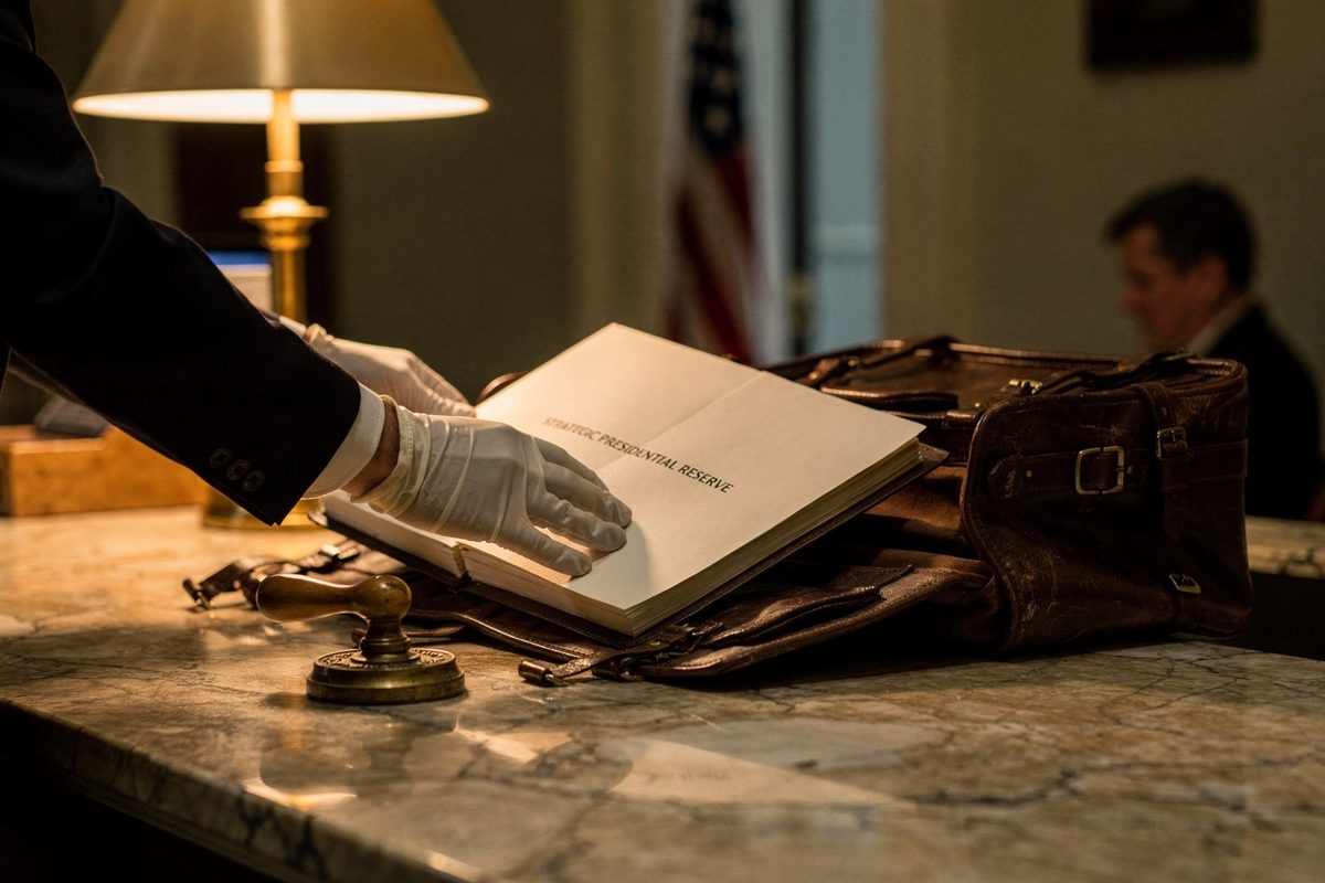 Close warm lamplight on a marble counter inside a federal building as gloved hands slide a thick bound document with a cover reading "STRATEGIC PRESIDENTIAL.