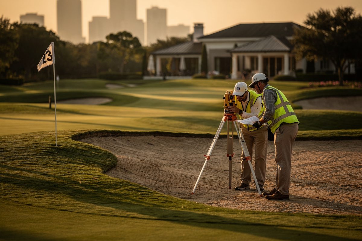 Wide shot in low golden evening sun across a manicured golf resort fairway as two surveyors bent over a tripod take measurements, a numbered flagstick casting.