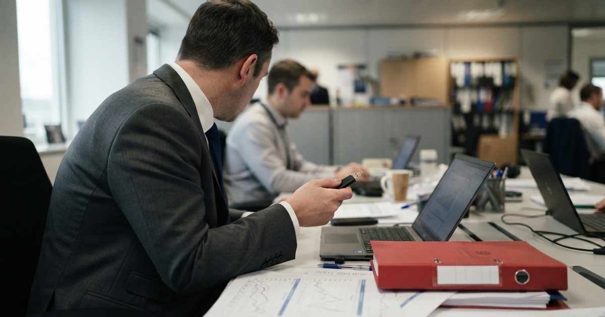 A plausible editorial news photograph inside a modern UK government office: an anonymous suited official seen from behind holding a USB drive beside printed.