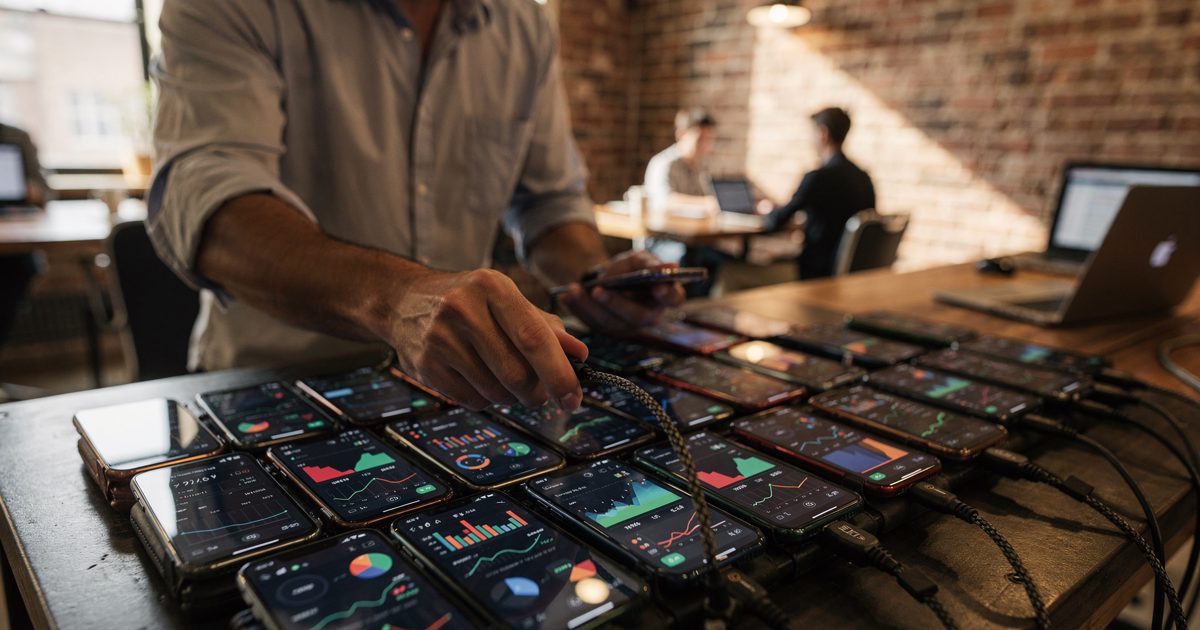 Bright morning light floods an exposed-brick coworking space as a tenant cropped at the shoulders plugs a thick braided charging cable into a rack of blinking.