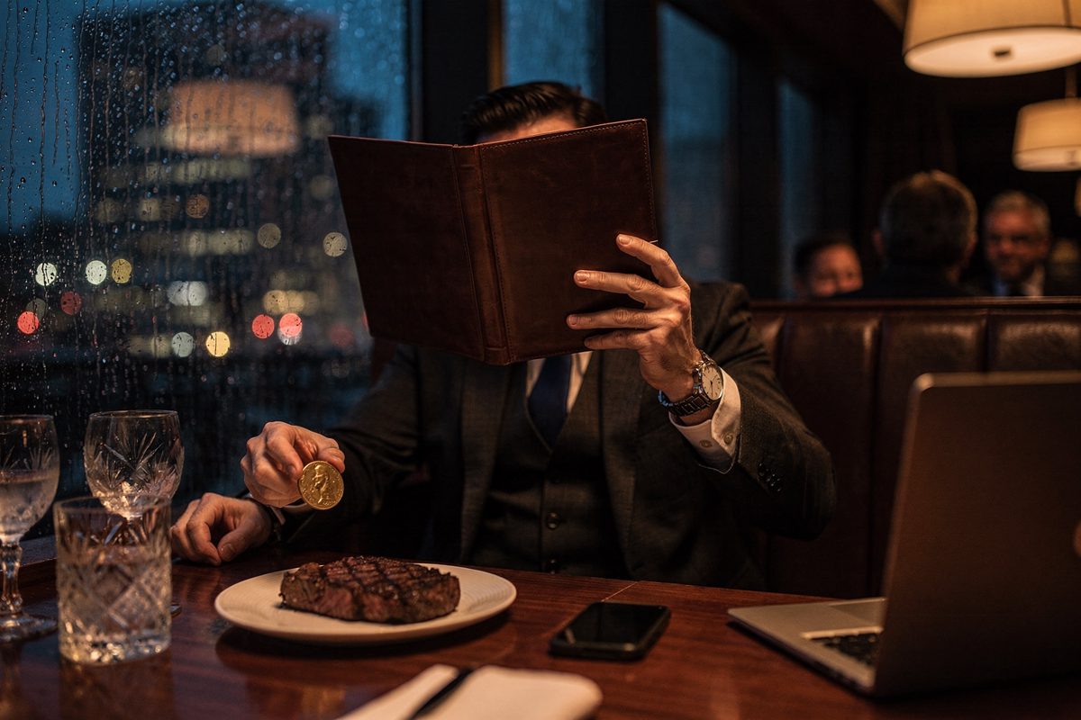 Heavy rain streaks the window of a dimly lit steakhouse booth as a diner in a tailored vest, face obscured by a leather menu, slides a heavy brass coin across.