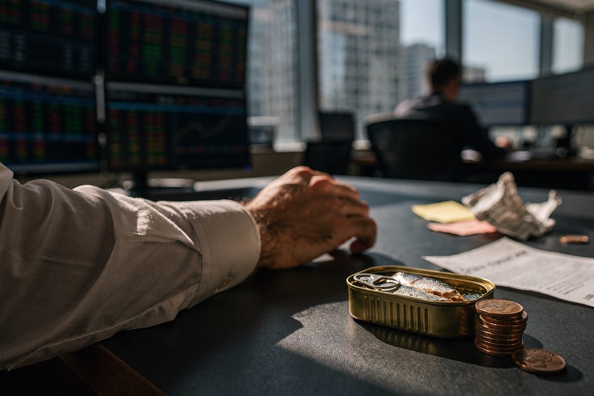 Close detail in hard mid-morning sun through the glass wall of a Manhattan hedge fund office, a trader's forearm and shirt cuff resting on a desk between a.