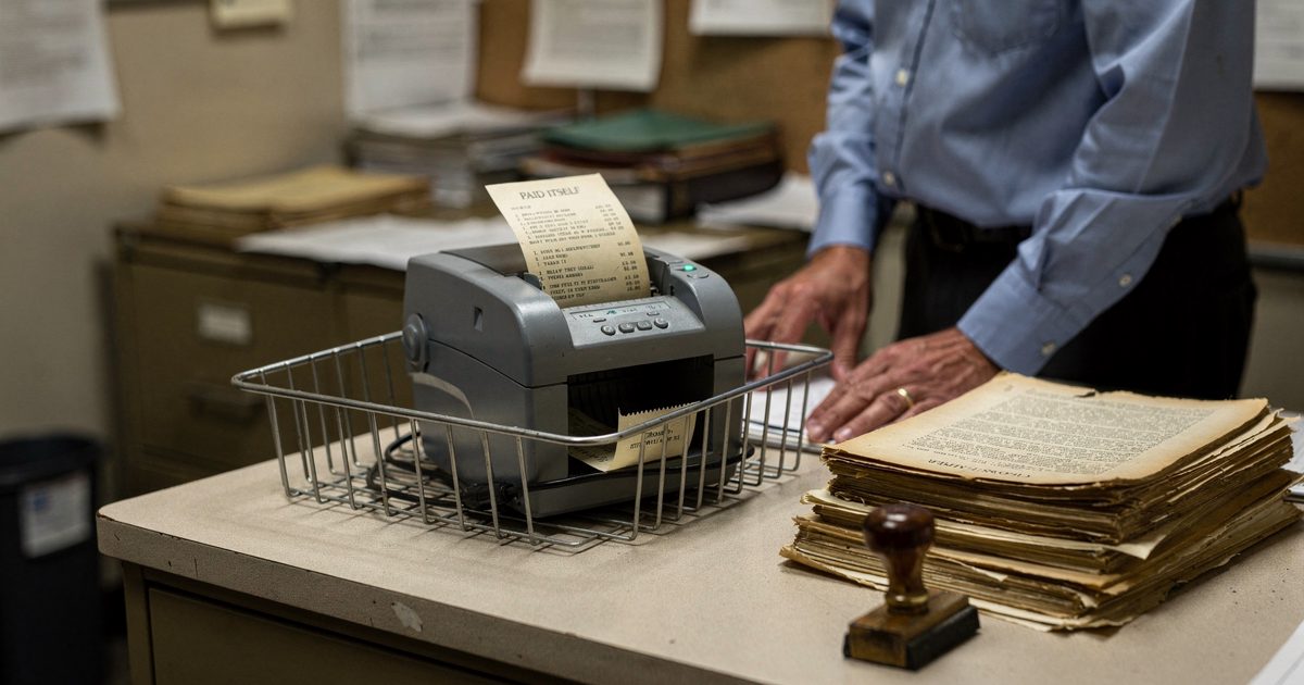 Under hard midday light in a cramped Treasury side office, a pale slip curls from a desktop receipt printer into a wire tray with the words "PAID ITSELF".