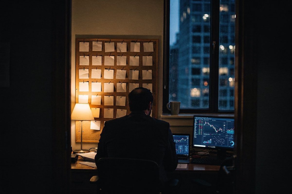 At night, seen from a doorway, a wide view of a narrow downtown trading room shows a figure in a dark jacket from behind, studying a cork board covered with.