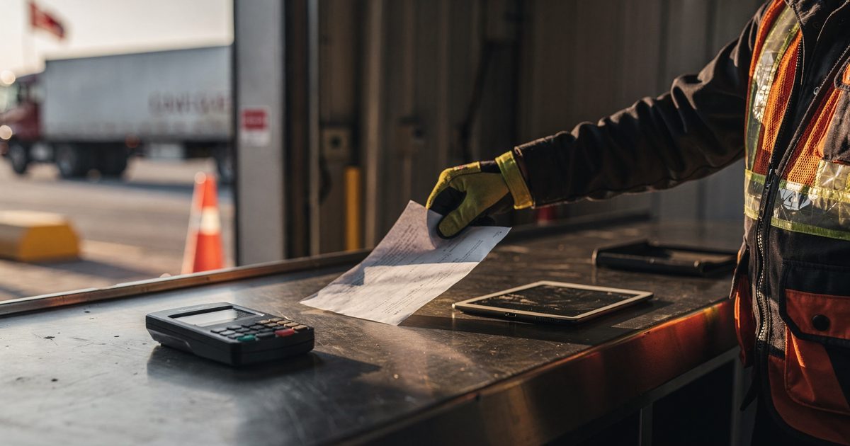 Late-afternoon sun slants through open bay doors at a northern freight crossing as a gloved hand slides a single sheet of paper across a steel customs counter.