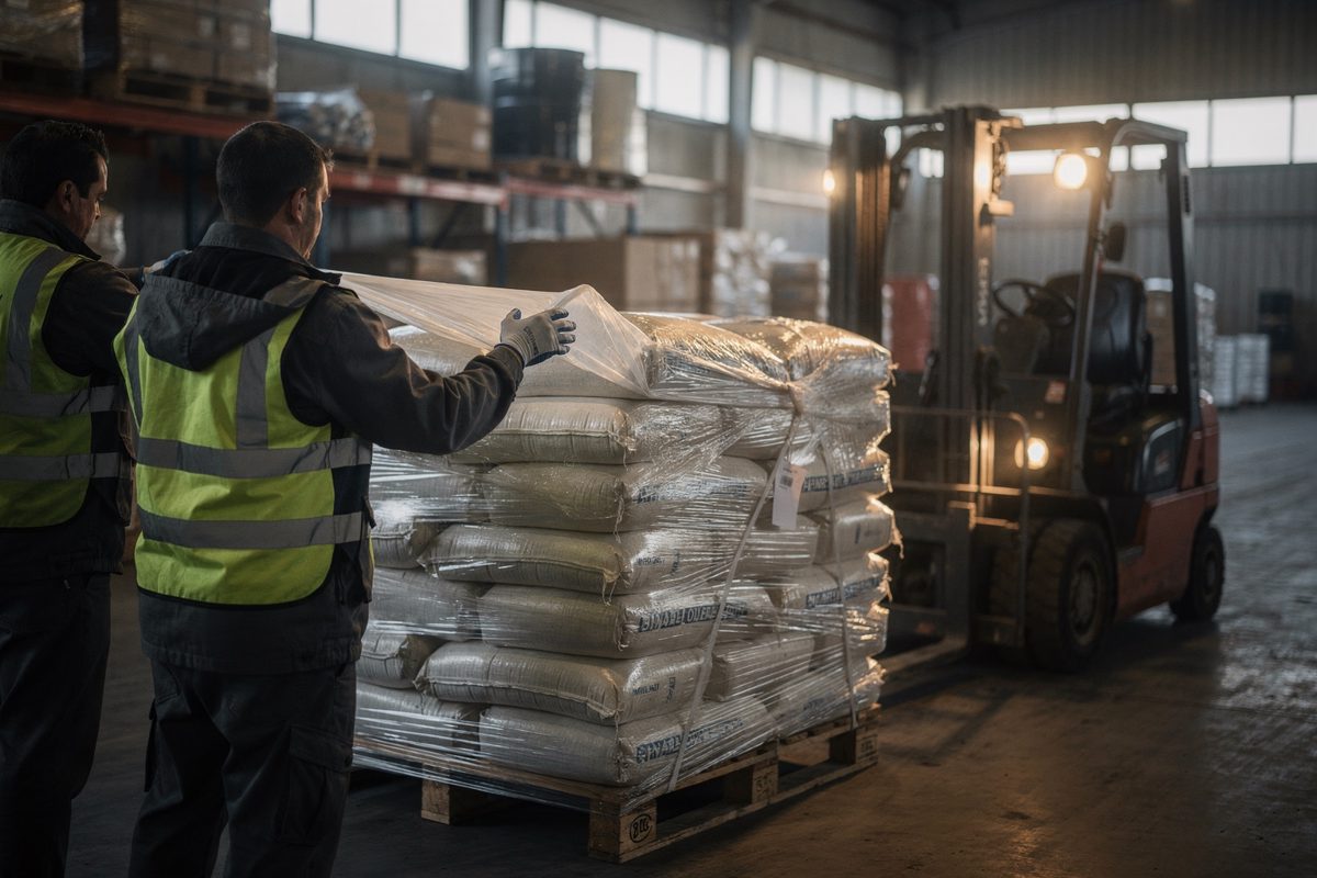 Dawn light fills a Hamilton warehouse as two workers shot from the back press a sheet onto shrink-wrapped sacks on a pallet, a forklift waiting with its lamps.