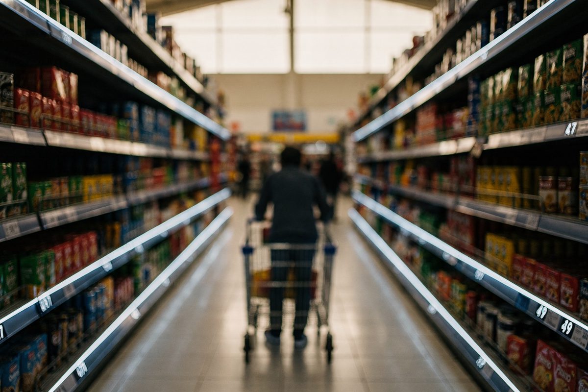 Wide shot down a long superstore grocery aisle in bright mid-afternoon light through high clerestory windows, a shopper seen from far behind pushing a full.