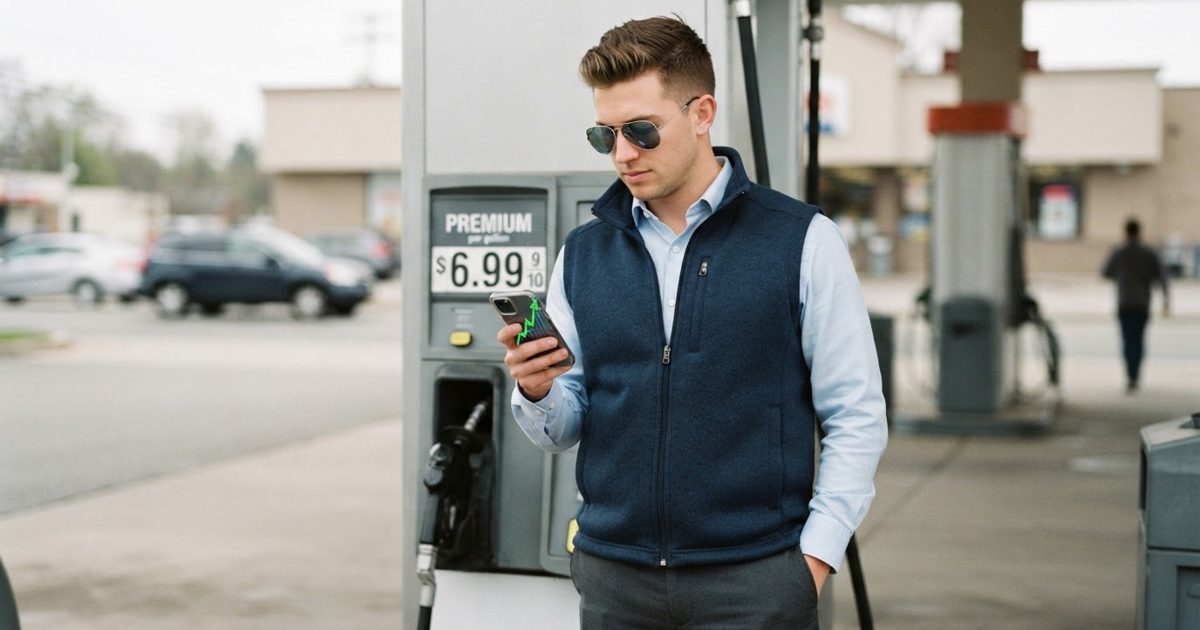 A sharply dressed young man in a tailored corporate fleece vest and mirrored sunglasses standing confidently next to a gas station pump, checking an.