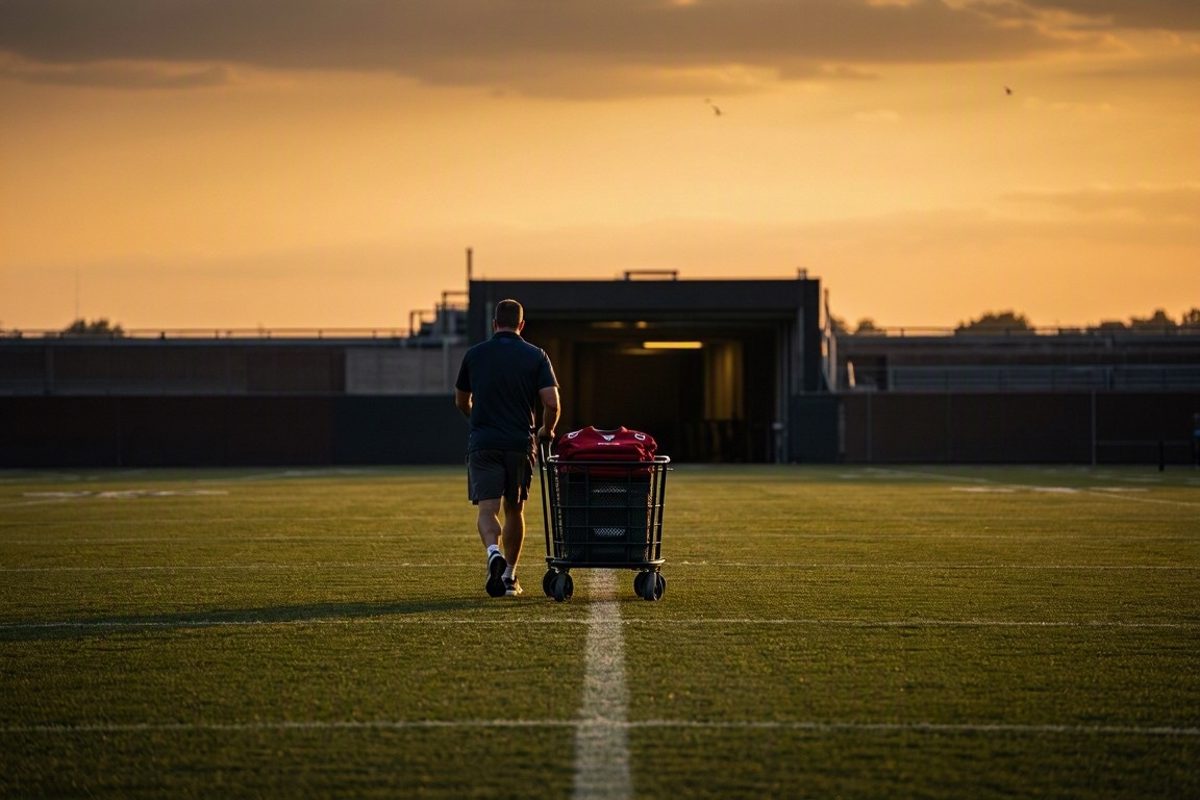 Wide golden-hour shot across an empty NFL practice field as a lone staff member in team polo, seen small and from behind at midfield, wheels a laundry cart.
