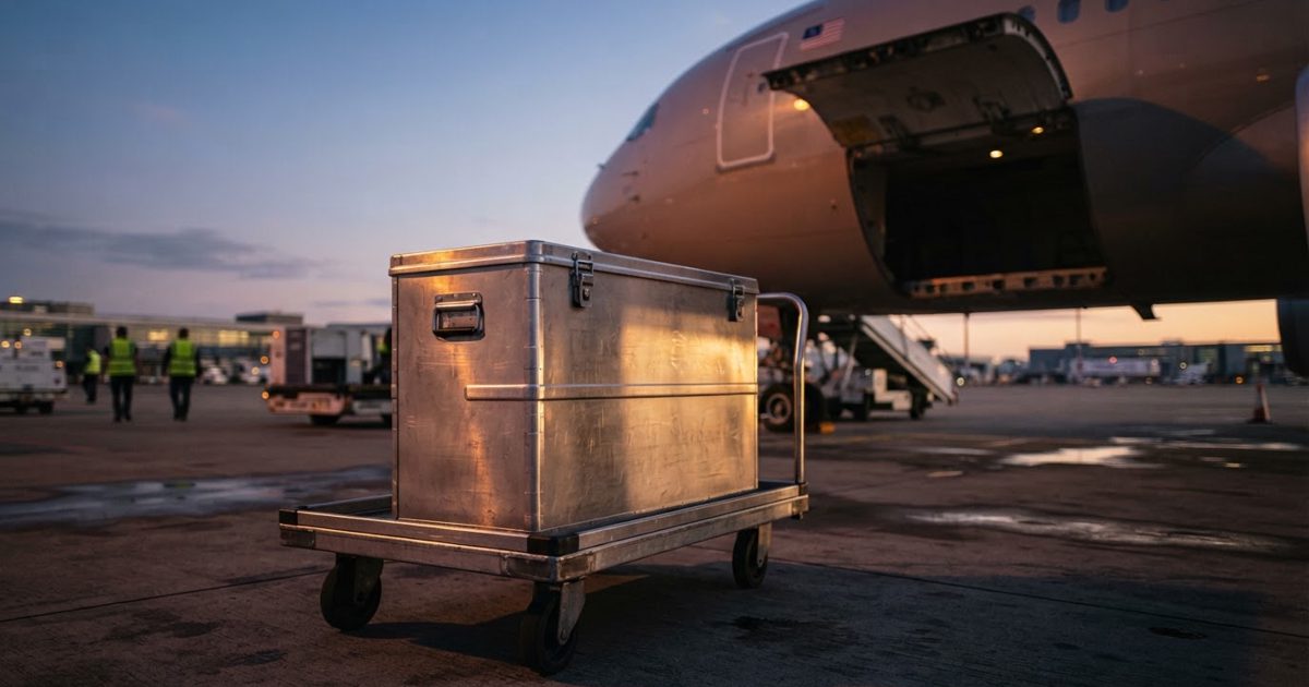 A gleaming stainless steel airline catering container on a rolling cart, parked alone on an airport tarmac at golden hour beside the lowered cargo door of a.