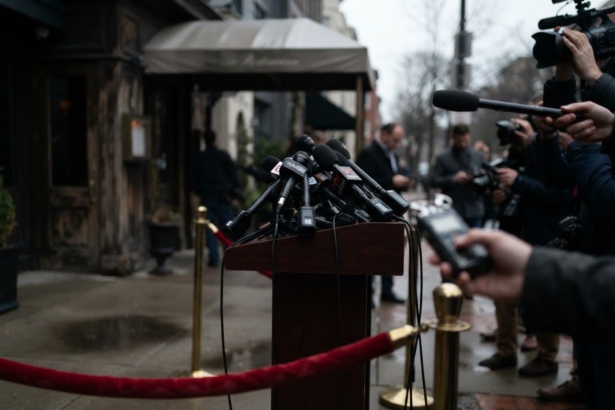A cluster of press microphones and audio recorders arranged on a sidewalk podium outside an upscale Georgetown restaurant, velvet rope in the foreground.