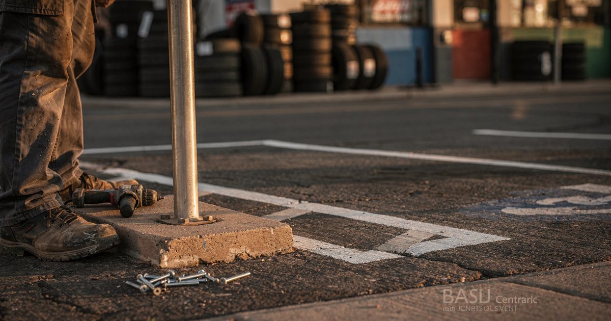 Close detail in low golden evening light on a strip of Central Avenue in Albuquerque, a single painted parking space framed tight from kerb height with a.