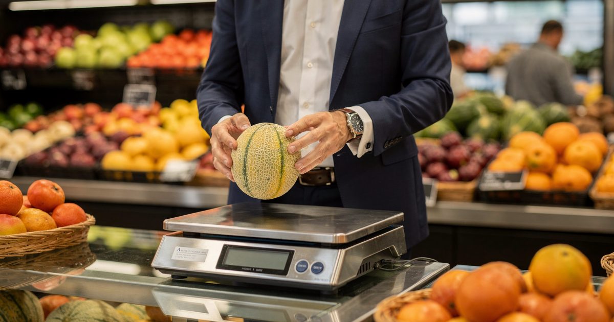 Bright morning light in an upscale supermarket produce section as a shopper in a tailored navy suit, cropped from the neck down, holds a single small.