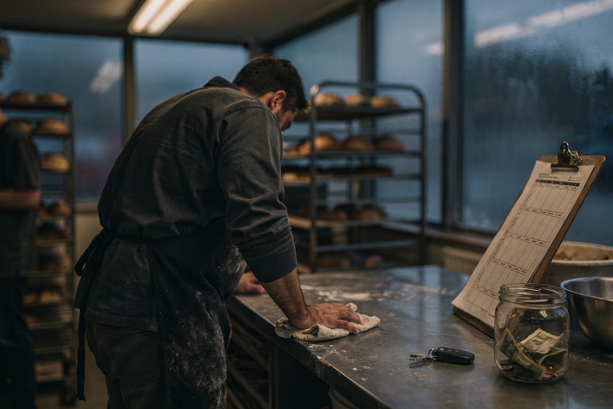 Dusk light filtering through frosted glass into a bakery kitchen as a worker in a flour-dusted apron, seen from behind, wipes down a steel prep counter next to.