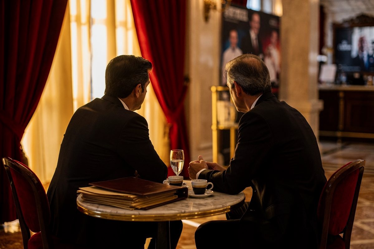 Warm evening light bleeding through the red velvet curtains of a Venetian hotel lobby, two anonymous individuals in sharp tailoring seen from behind leaning.