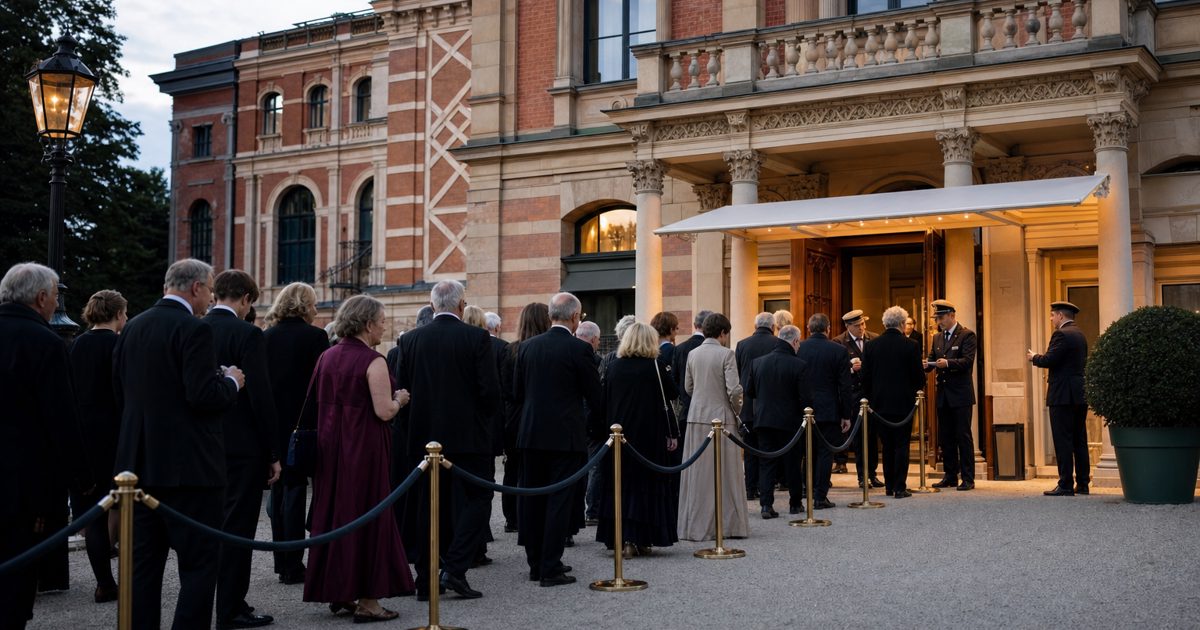 A documentary-style news photograph of elegantly dressed anonymous opera attendees queuing beneath ornate festival theatre architecture in Bayreuth, with.