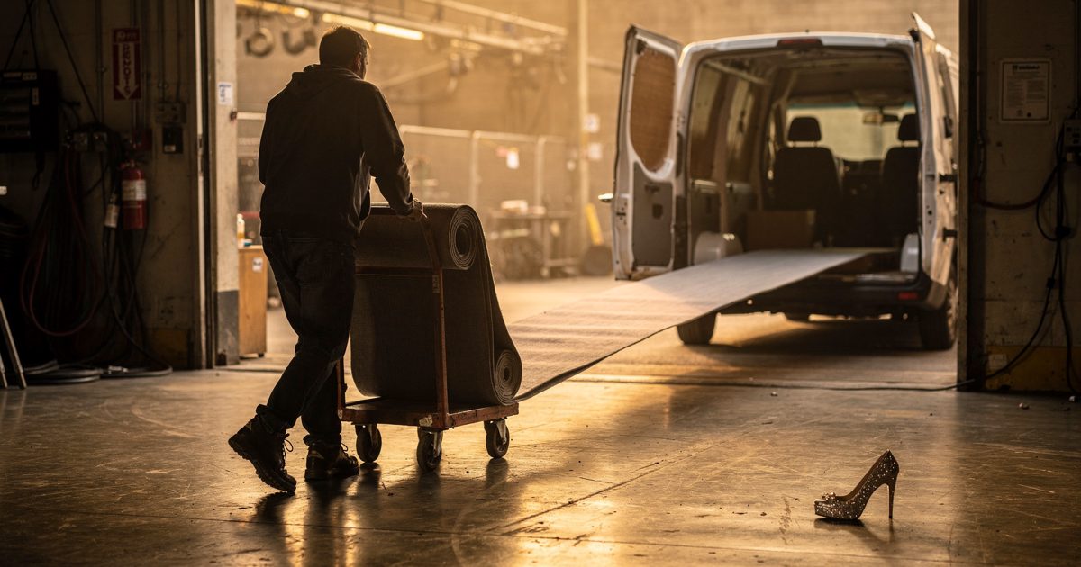 Warm golden-hour light spilling through a television studio loading dock, a stagehand seen from behind wheeling a rolled runway carpet on a flatbed trolley.