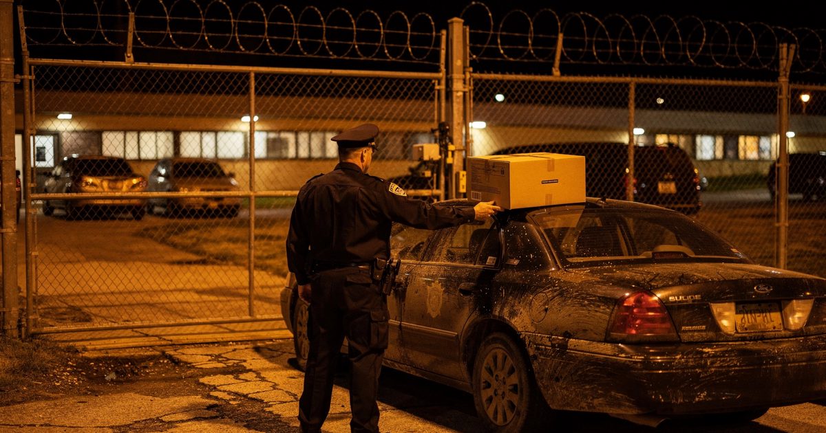 Medium shot at night beneath harsh sodium floodlights at a rural prison vehicle gate, a uniformed guard seen from behind and cut off by the cap brim, one arm.