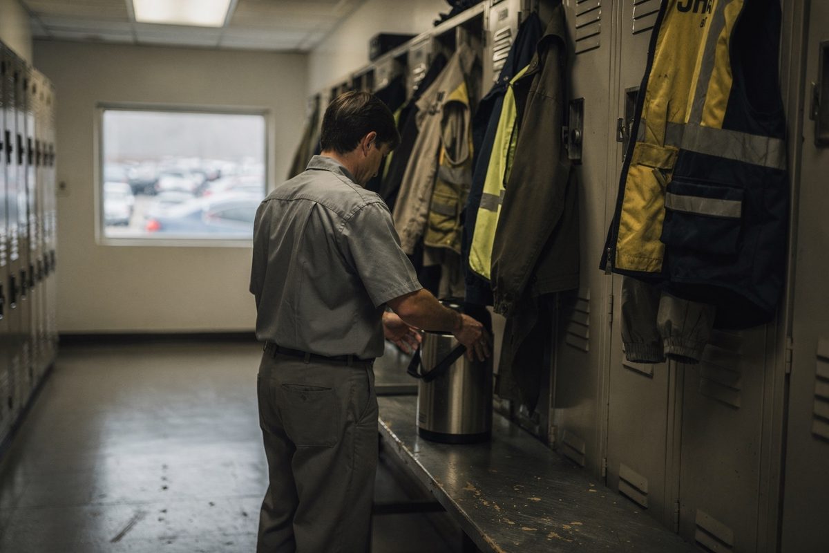 Eye-level medium shot in pale morning light down a prison staff locker corridor, a person in a grey uniform turned away toward the lockers, setting a tall.