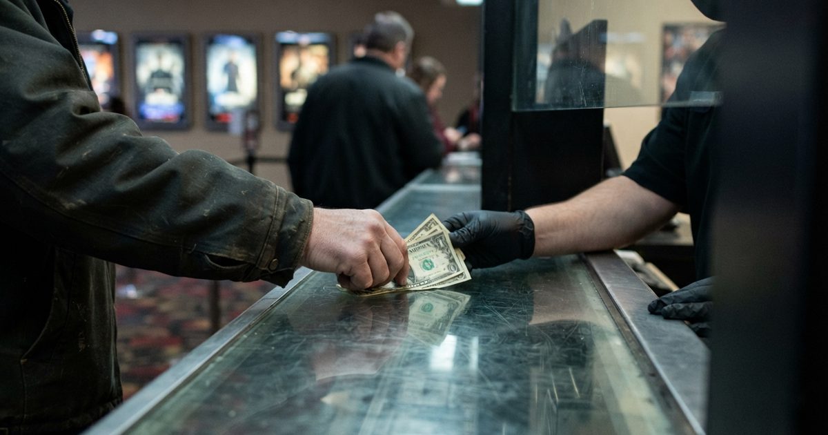 A close-up shot under buzzing fluorescent multiplex lights showing a customer's hand sliding a pathetic stack of crumpled one-dollar bills across a scratched.