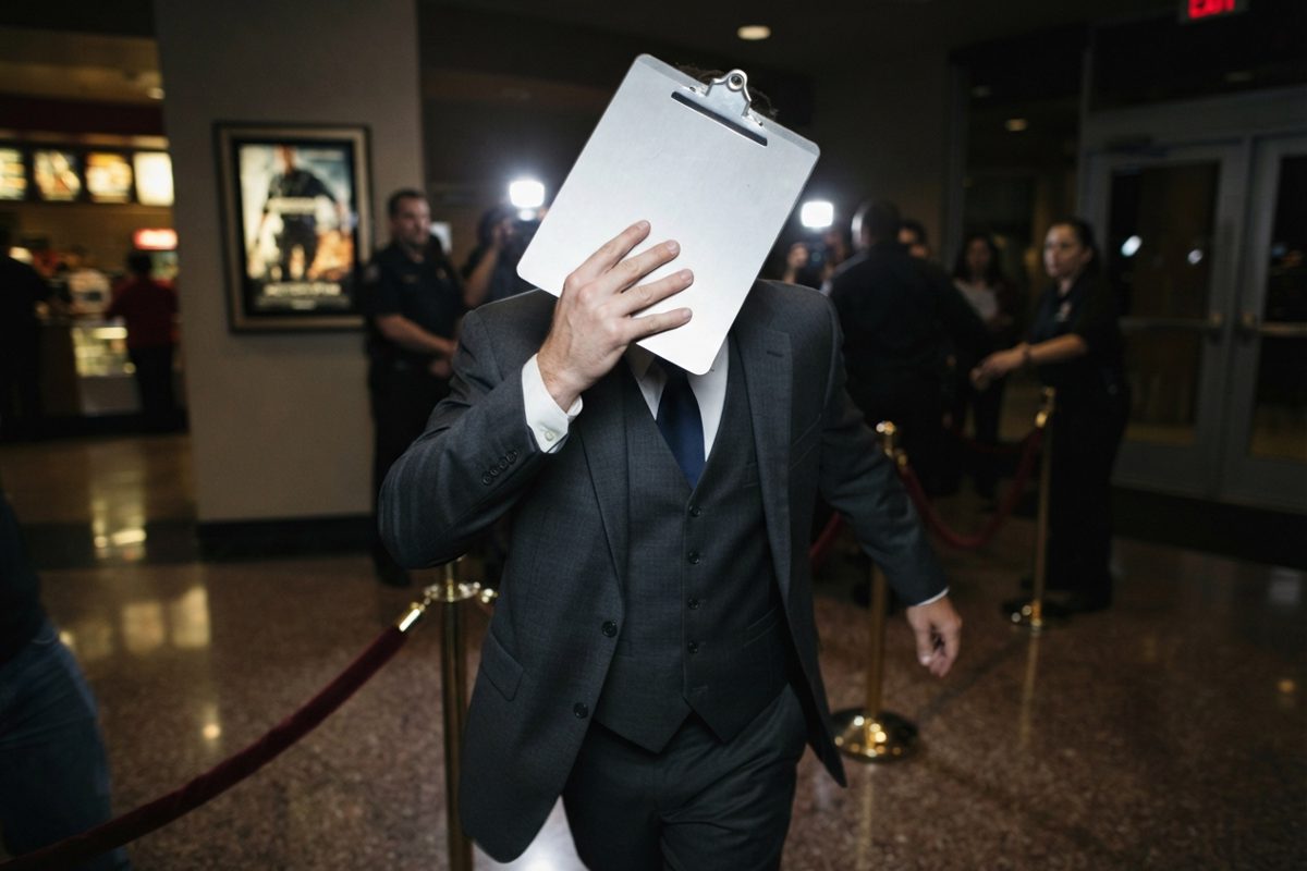 A tightly framed paparazzi-style shot in a dimly lit theater lobby where an unidentifiable executive in a sharp suit frantically uses a silver clipboard to.