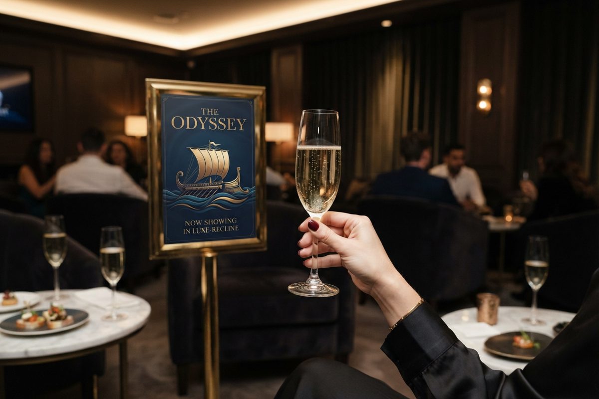 A softly lit, luxurious VIP cinema lounge featuring a pristine golden display stand for a nautical movie, with the foreground dominated by a sharply in-focus.