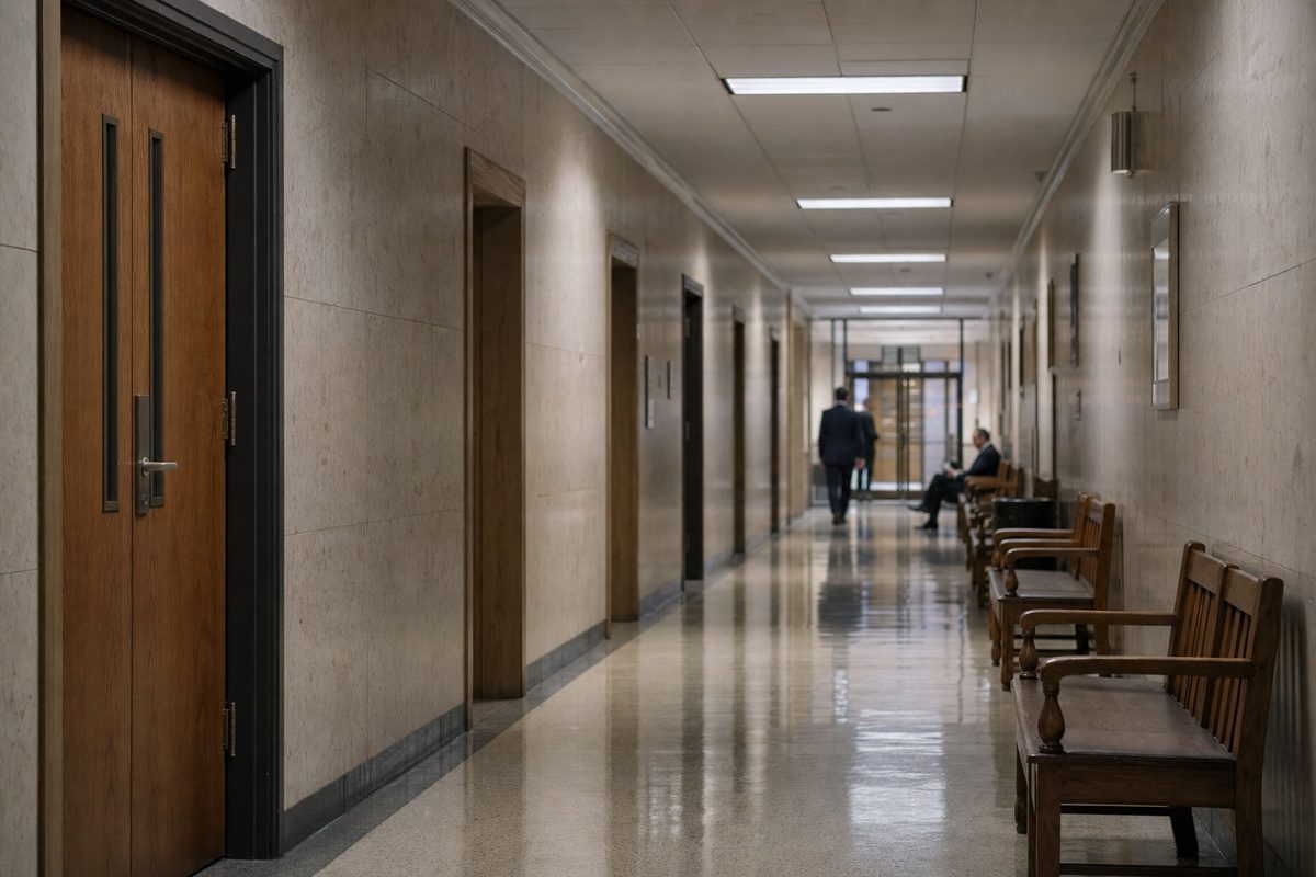 Close documentary-style photograph of an empty courthouse corridor with polished floors, wooden benches and closed courtroom doors under fluorescent lighting.