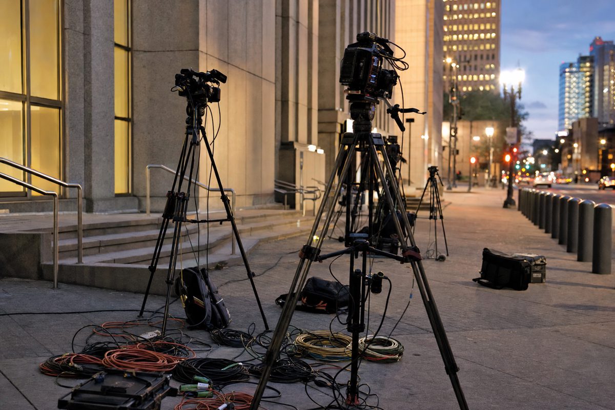 Evening news photograph of camera tripods and coiled broadcast cables on a courthouse sidewalk after reporters have left, warm city lights in the background.