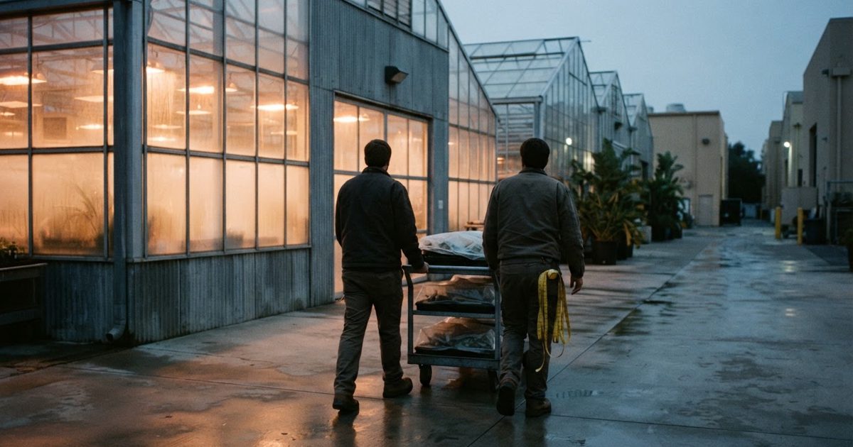 Dusk outside a vast climate-controlled greenhouse on a studio backlot, warm grow-lights glowing through fogged glass while two technicians seen only from.