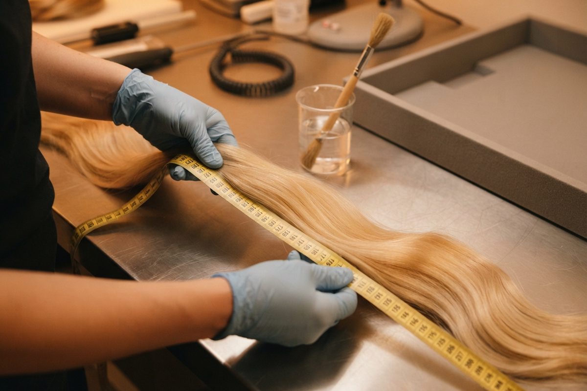 Tight close-up in honey-colored indoor light of latex-gloved hands holding a pale lock against a tailor’s cloth tape on a stainless prep table, a single water.