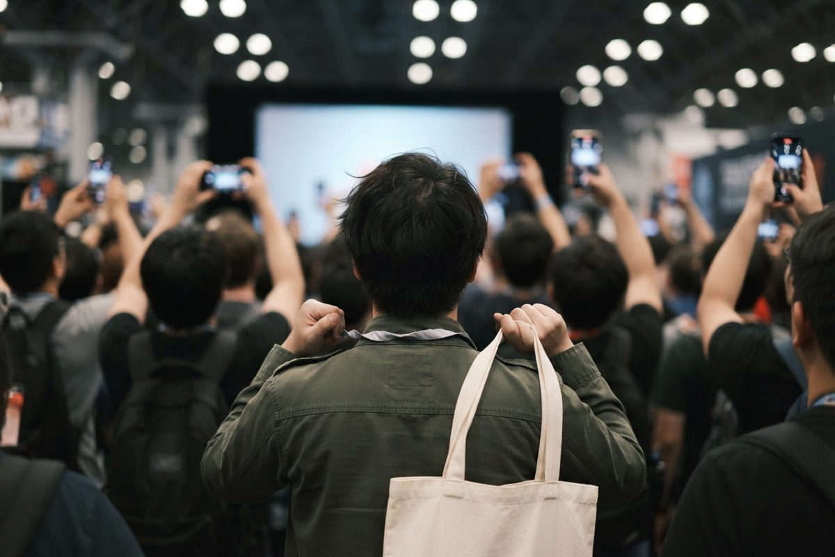 From behind a dense convention-hall crowd in late-afternoon wash lighting, cropped shoulders and raised phones aimed at a bright unseen screen, one person in.