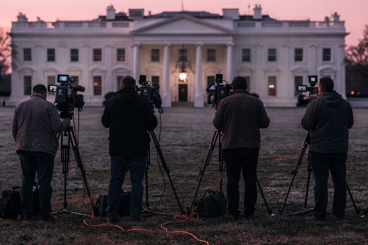 Wide shot from behind a line of five broadcast camera operators on the North Lawn at pink dawn, each on their own tripod spaced an arm's length apart and all.