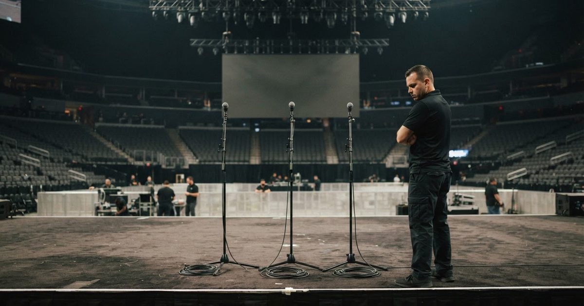 A wide press-photography shot of an empty arena stage during afternoon soundcheck in Miami: three identical microphone stands lined up precisely at centre.