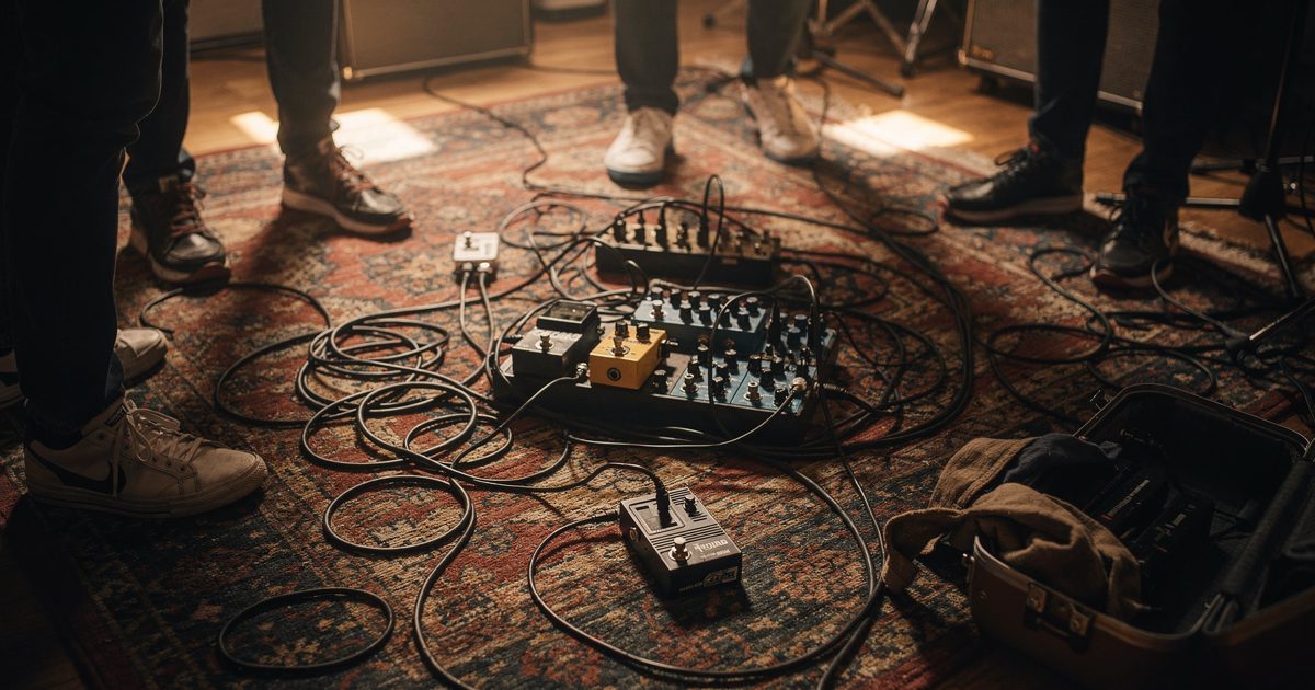 Overhead shot in warm morning light falling through a rehearsal studio skylight, several musicians' sneakers and cables ringing a pedalboard on a worn rug, one.