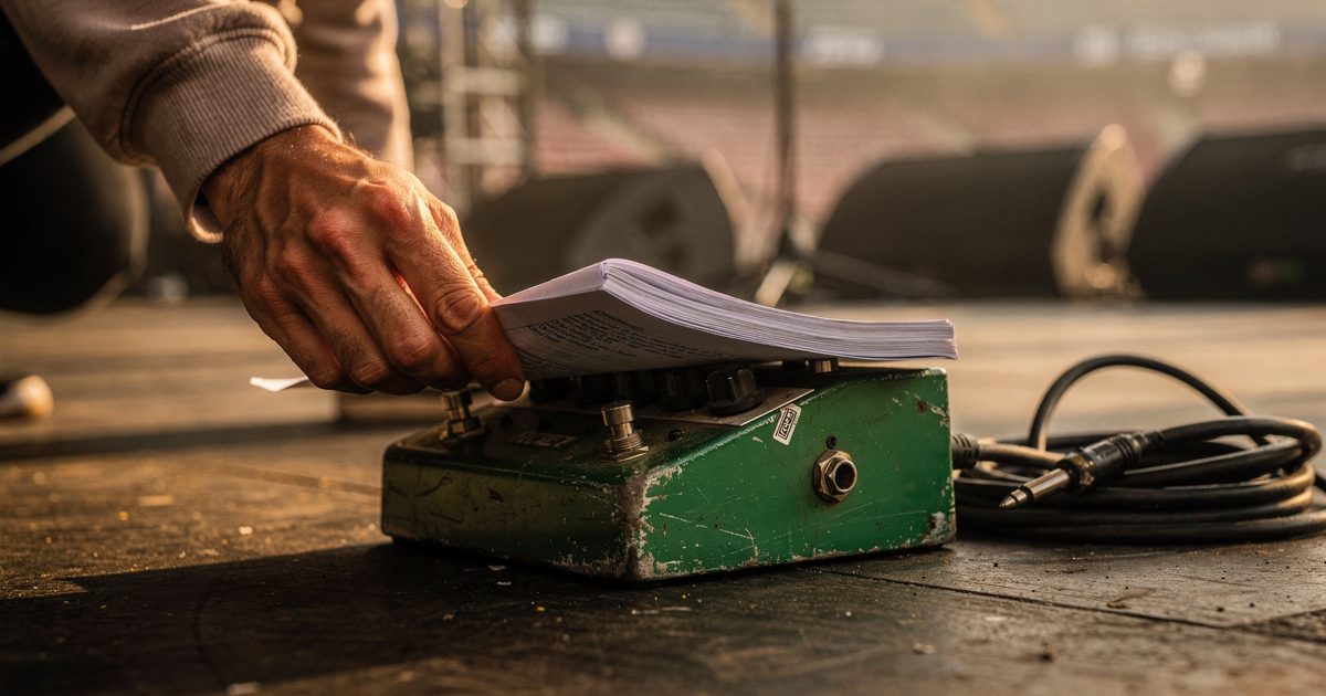 Close detail on a stadium stage floor in low golden late-afternoon soundcheck light, a hand in a hoodie sleeve cropped at the wrist sliding a thick stapled.