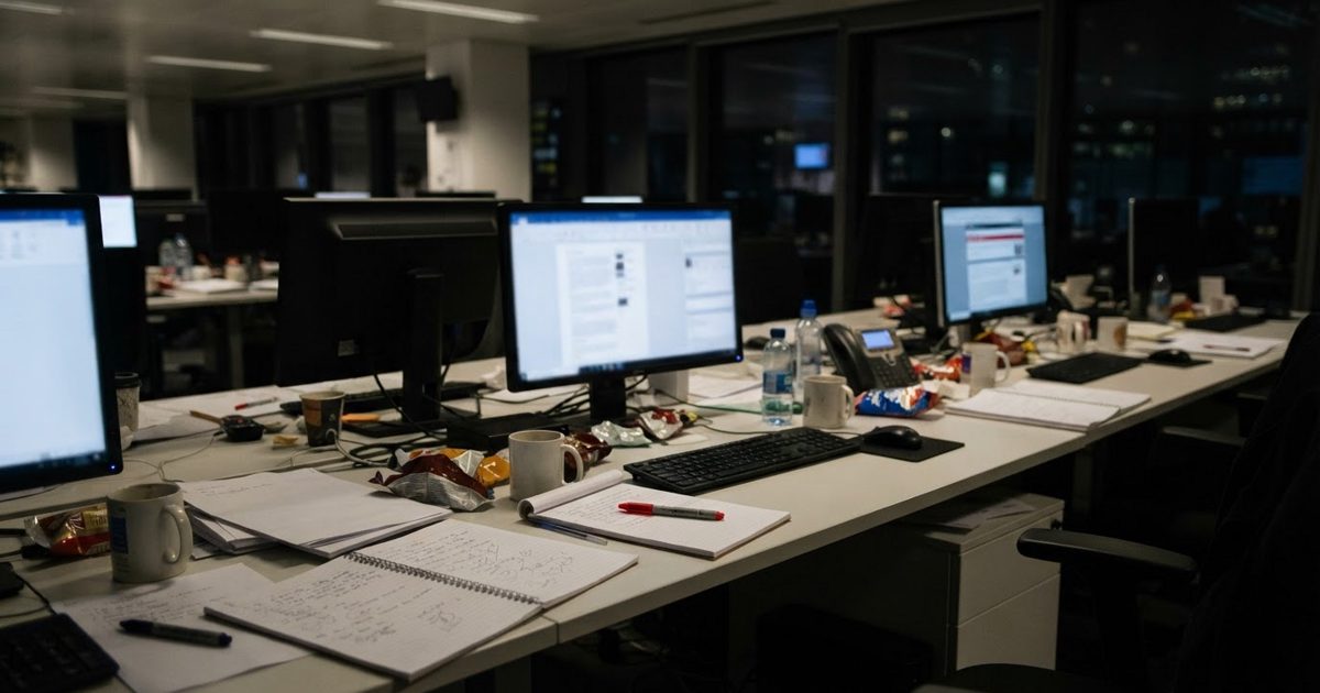 A realistic news photograph of an empty entertainment newsroom late at night, desks covered with notebooks and coffee cups, computer monitors showing blurred.