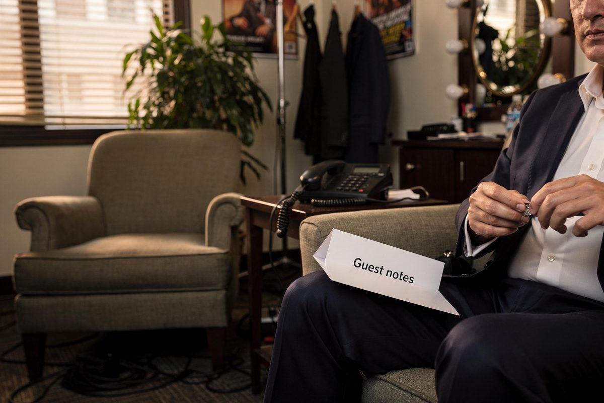 Soft late-afternoon light through half-closed blinds in a television green room, a seated guest cropped at the shoulders adjusting a tie clip while a folded.
