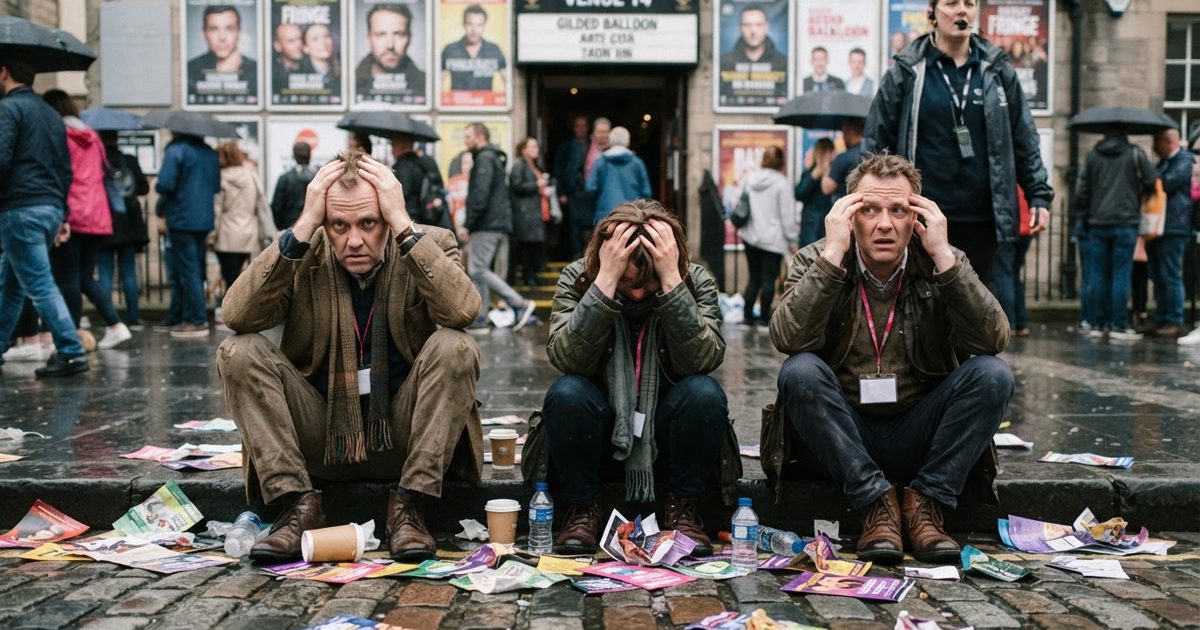 A chaotic scene outside a rainy Scottish festival venue where bewildered, exhausted arts critics in tweed jackets are sitting on the curb, surrounded by.