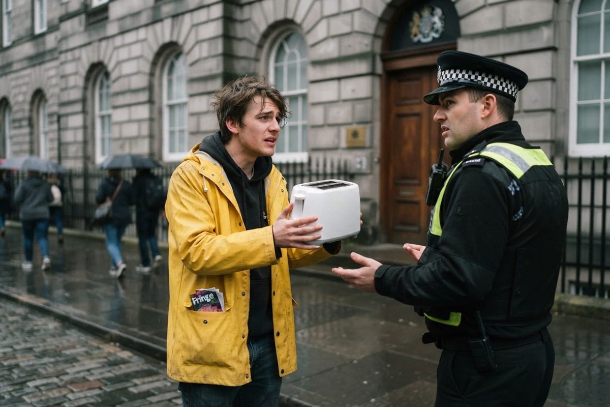 A desperate young man in a bright yellow raincoat standing outside an imposing, stone embassy building, holding up a cheap toaster and pleading with a confused.
